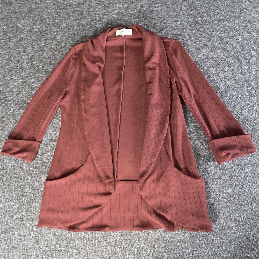 French Mauve Womens L Long Cardigan Ribbed Open Front Pockets OT3021WTT